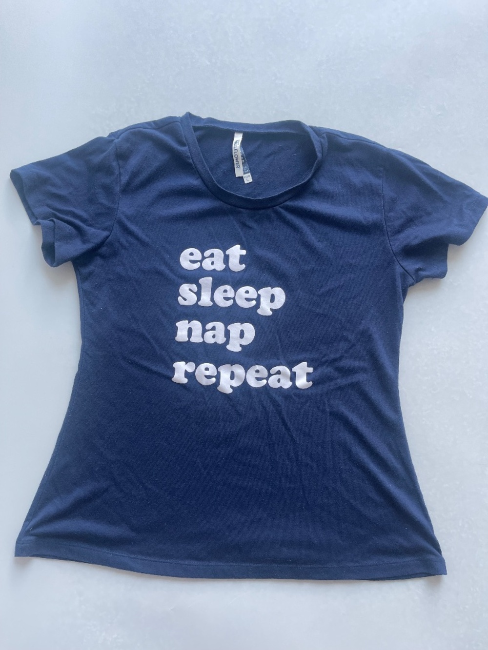 Wallflower Women’s Graphic T-Shirt L Blue “Eat Sleep Nap Repeat” Short Sleeve
